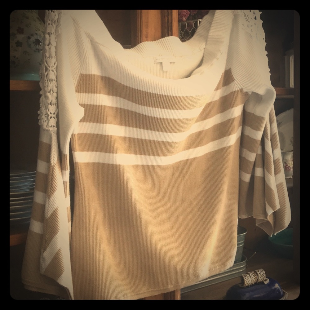 NY&Co, tan & white off-the-shoulder sweater.